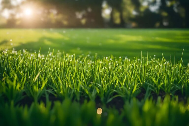 green grass covered in dew drops at sunrise, with soft light from the sun shining in the background