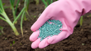 A gloved hand holding fertilizer pellets