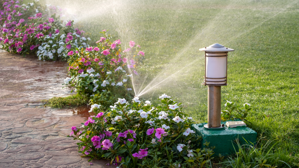 A sprinkler system watering flowers in a garden